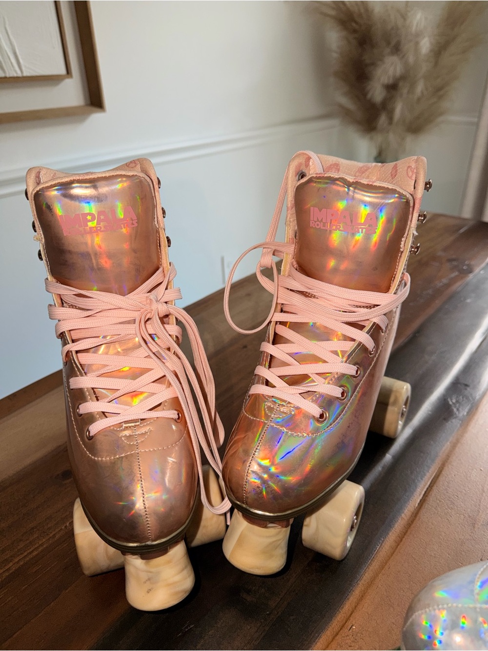 IMPAQ Rose Gold Holographic Women's Roller Skates with Pink Laces